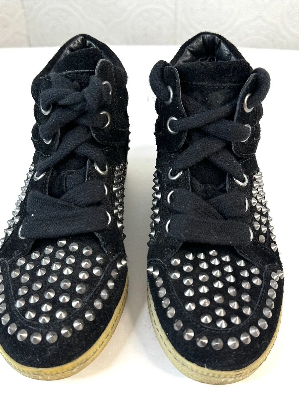ASH Shoes Studded Spike Embellished Black Suede High Top Sneakers Size EU 35
